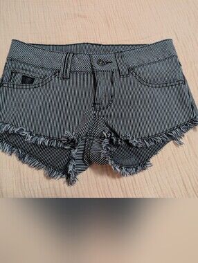 Harley-Davidson Black & White Striped Frayed-Hem Jean Shorts